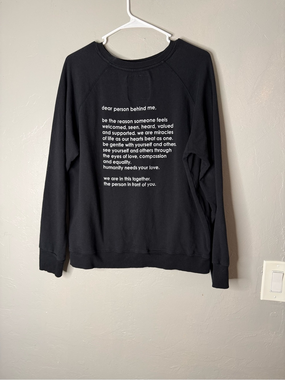 Peace Love World Black Crewneck Sweatshirt with White Inspirational Text